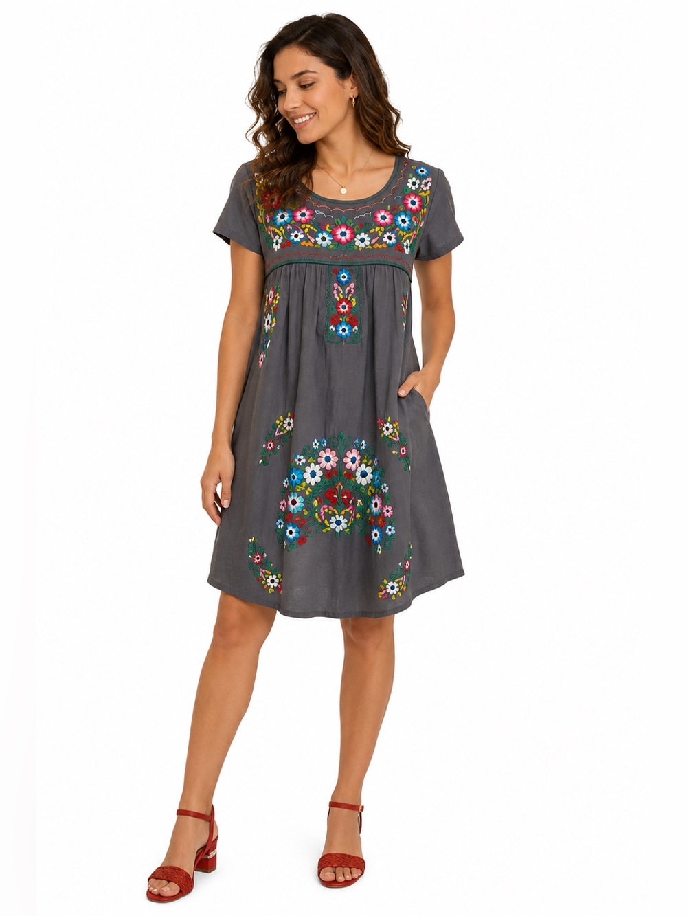 Embroidered Floral Cotton Tunic Dress Gray Size Small